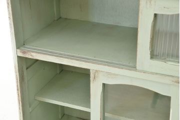 レトロ家具　☆昭和レトロ　アンティークペイントの作業台付き食器棚(モールガラス収納棚)
