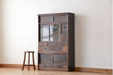 アンティーク家具　☆古民具・骨董　前面黒柿材貼り　二段重ね茶箪笥(茶棚、飾り棚)