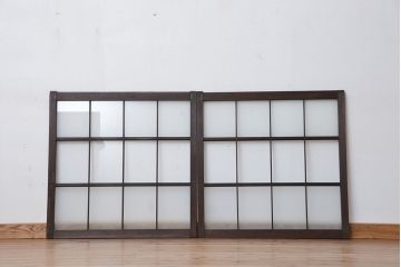 アンティーク　マス目格子ガラス戸2枚(引き戸)