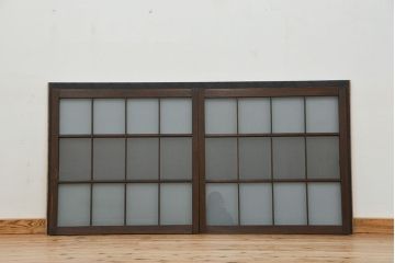 アンティーク　マス目格子ガラス戸2枚(引き戸)