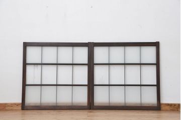 アンティーク　マス目格子ガラス戸2枚(引き戸)