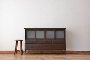 レトロ家具　昭和レトロ　四枚引き戸の時代箪笥ローボード(収納棚)