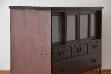 レトロ家具　昭和レトロ　四枚引き戸の時代箪笥ローボード(収納棚)
