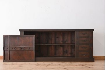 アンティーク家具　古民具・骨董　欅の杢目が素晴らしい昇り引き出し付き水屋箪笥サイドボード(食器棚、収納棚)