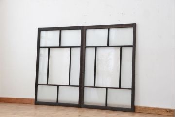 古民具・骨董　古い木のガラス窓2枚セット(ガラス戸、引き戸)