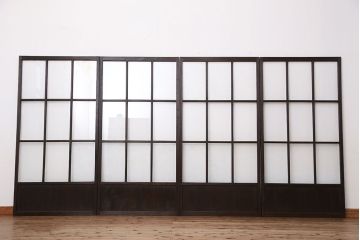 古民具・骨董　古い木のマス目ガラス戸4枚セット(1)(引き戸)