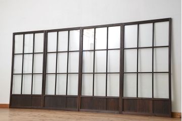 アンティーク　古い木のマス目ガラス戸4枚セット(引き戸)