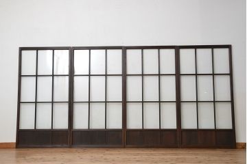 アンティーク　古い木のマス目ガラス戸4枚セット(引き戸)