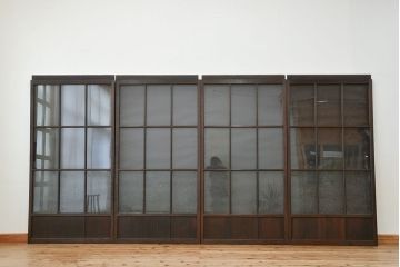 アンティーク　古い木のマス目ガラス戸4枚セット(引き戸)