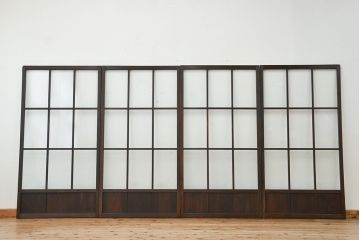 アンティーク　古い木のマス目ガラス戸4枚セット(引き戸)