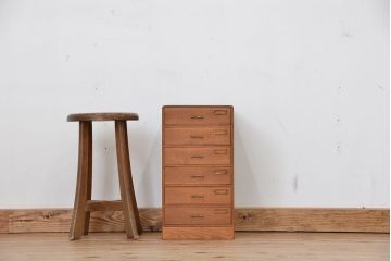 レトロ家具　昭和レトロ　古いナラ材のネームプレート付き6段小引き出し
