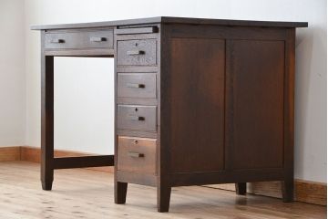 アンティーク家具　アンティーク　古いナラ材の格納式作業台付き片袖机(テーブル、作業台)