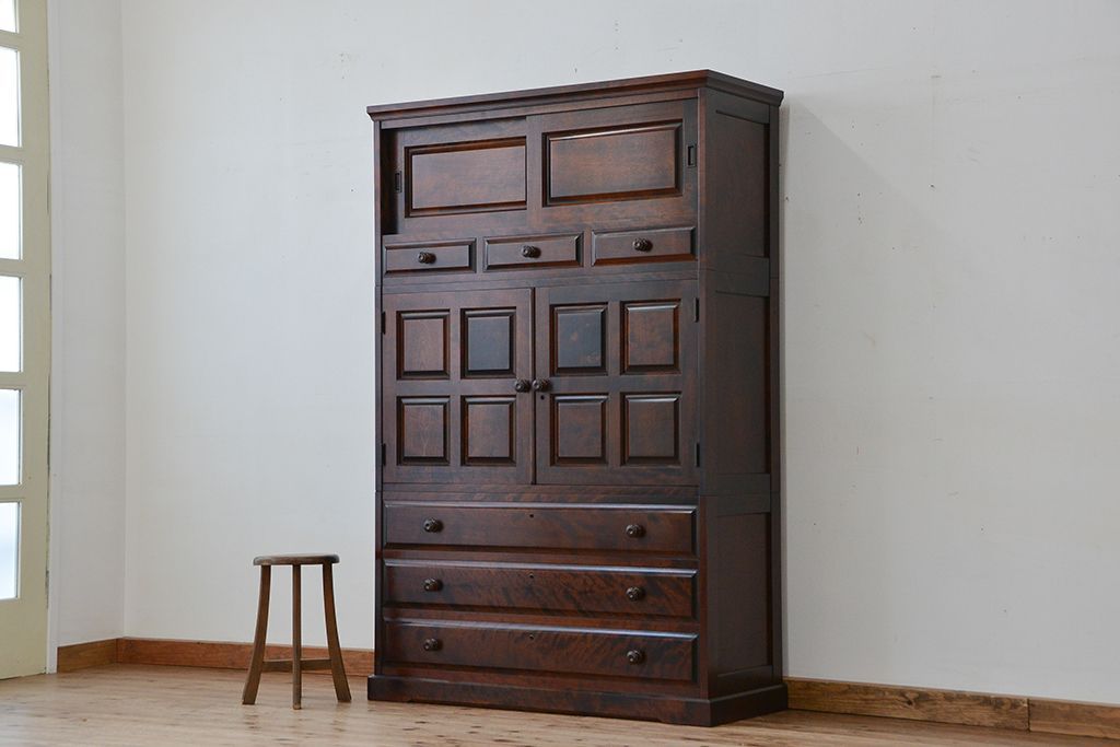 中古　北海道民芸家具　3段重ねチェスト、整理箪笥(定価約68万円)(整理タンス)