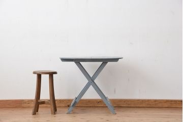 アンティーク家具　折り畳み式アンティークペイント丸テーブル(2)(机)