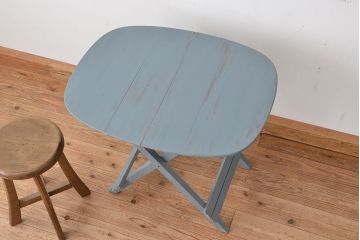 アンティーク家具　折り畳み式アンティークペイント丸テーブル(2)(机)