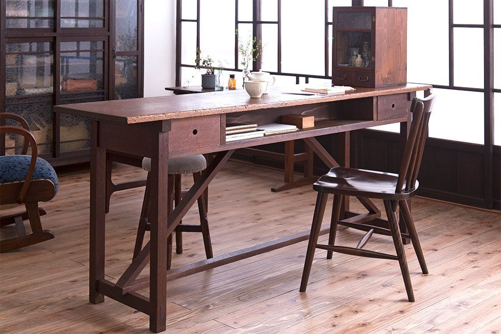 アンティーク家具　アンティーク　引き出し付き横長作業台(テーブル、机)