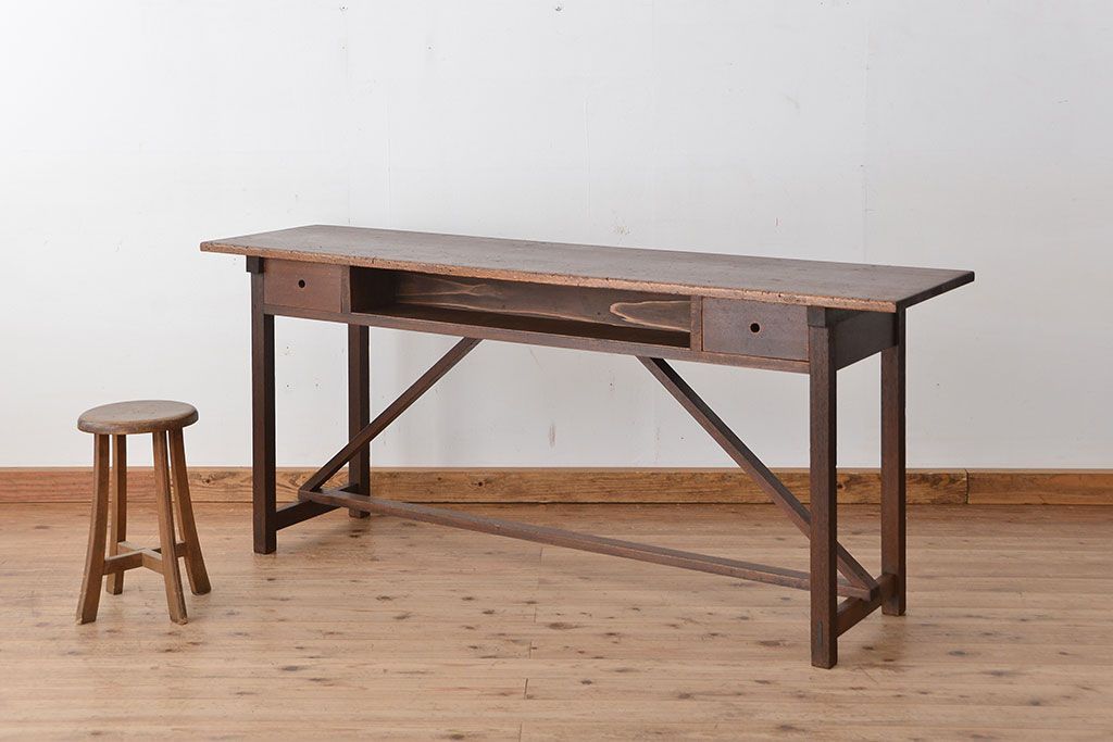 アンティーク家具　アンティーク　引き出し付き横長作業台(テーブル、机)