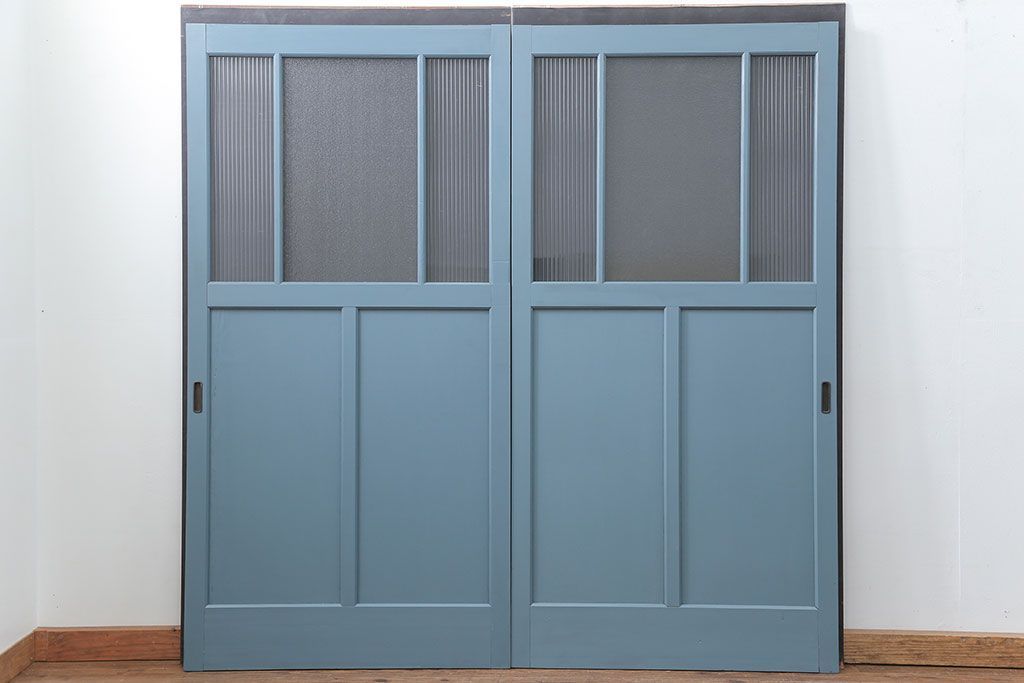 アンティーク モールガラス入り!ペイントガラス引き戸2枚セット(ガラス戸)