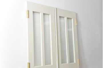 アンティーク　両開き　白いペイントの特大モールガラス扉一対(ドア、建具)