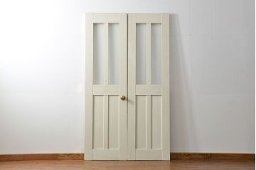 アンティーク　両開き　白いペイントの特大モールガラス扉一対(ドア、建具)