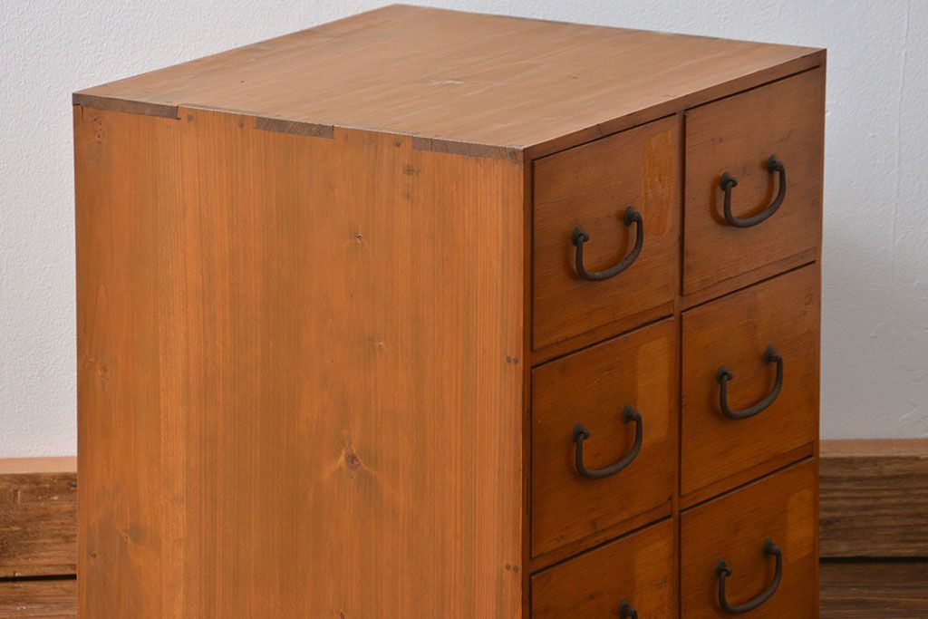 レトロ家具　昭和レトロ 古い木のかわいい6杯引き出し箱(1)(ドロワー、小物入れ、チェスト)