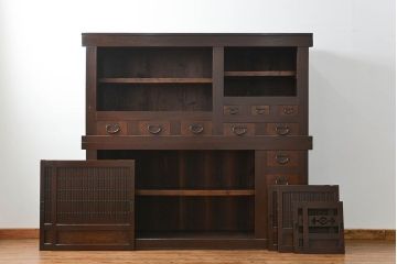 アンティーク家具　古民具・骨董 昇り引き出し付き二段重ね六尺水屋箪笥(食器棚、キッチンキャビネット)