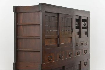 アンティーク家具　古民具・骨董 昇り引き出し付き二段重ね六尺水屋箪笥(食器棚、キッチンキャビネット)