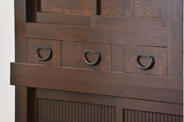 アンティーク家具　古民具・骨董 昇り引き出し付き二段重ね六尺水屋箪笥(食器棚、キッチンキャビネット)