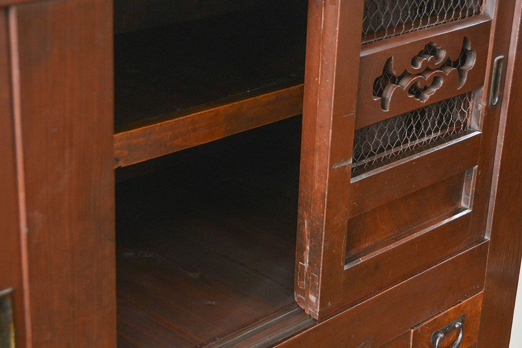 アンティーク家具　古民具・骨董 昇り引き出し付き二段重ね六尺水屋箪笥(食器棚、キッチンキャビネット)