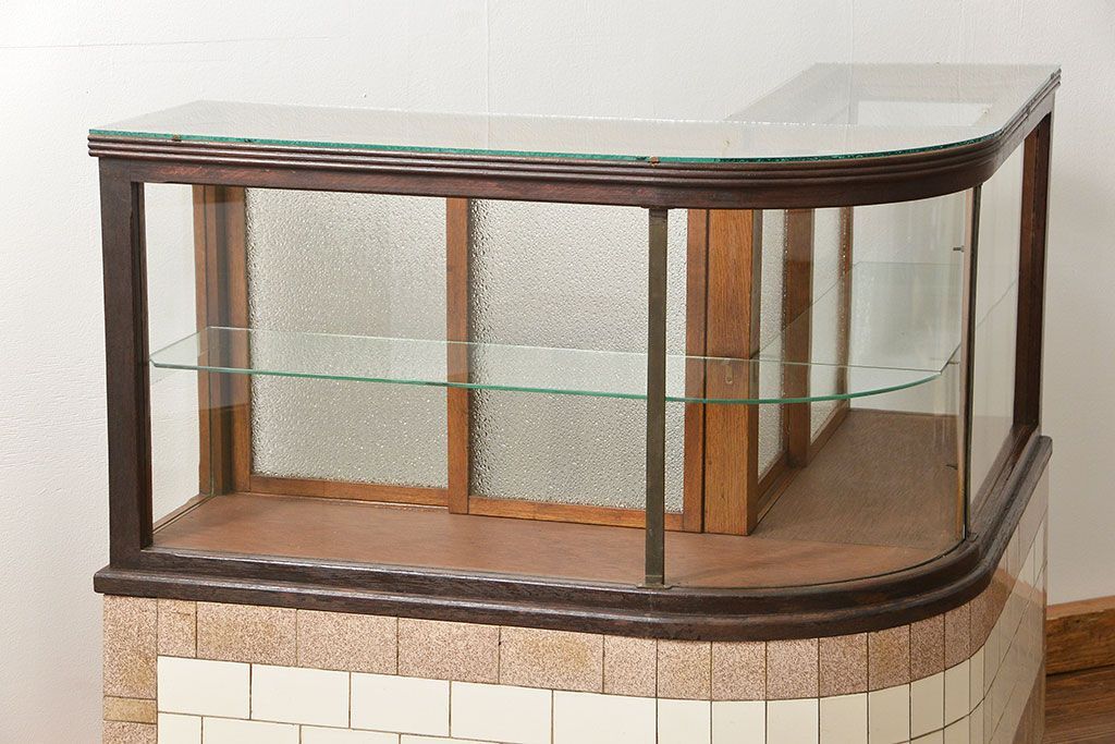 アンティーク家具　アンティーク 古いタバコ屋のR型タイルガラスケース(L型ガラスケース、ショーケース)