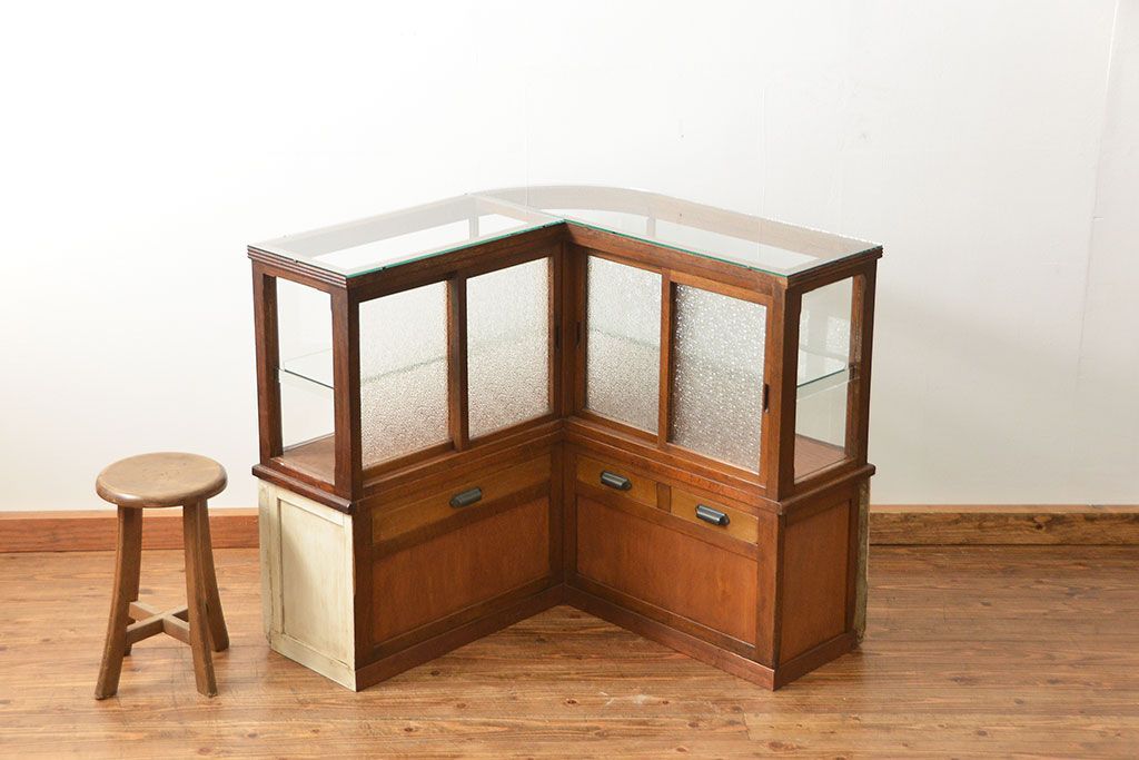 アンティーク家具　アンティーク 古いタバコ屋のR型タイルガラスケース(L型ガラスケース、ショーケース)