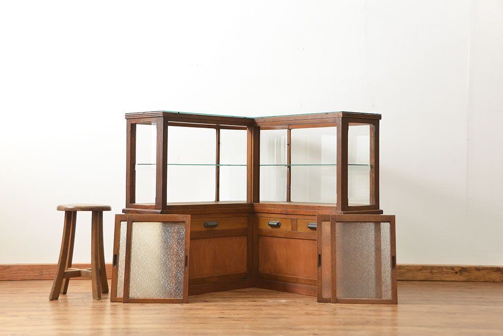 アンティーク家具　アンティーク 古いタバコ屋のR型タイルガラスケース(L型ガラスケース、ショーケース)