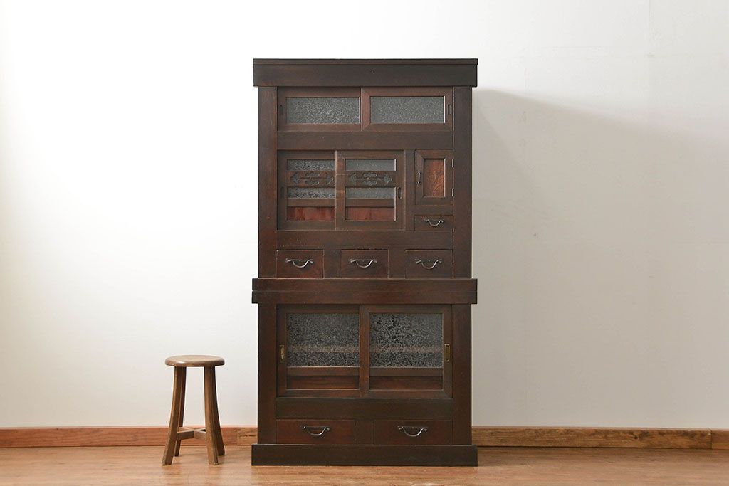 アンティーク家具　古民具・骨董 結霜ガラス入り 二段重ね 三尺水屋箪笥