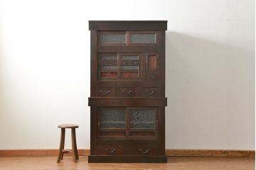 アンティーク家具　古民具・骨董 結霜ガラス入り 二段重ね 三尺水屋箪笥