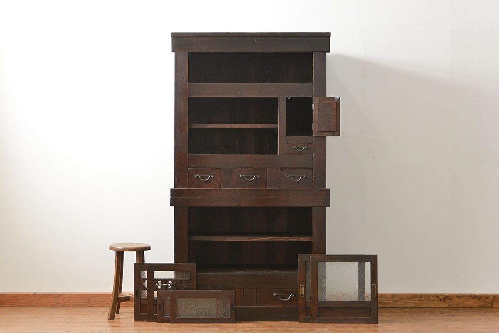 アンティーク家具　古民具・骨董 結霜ガラス入り 二段重ね 三尺水屋箪笥