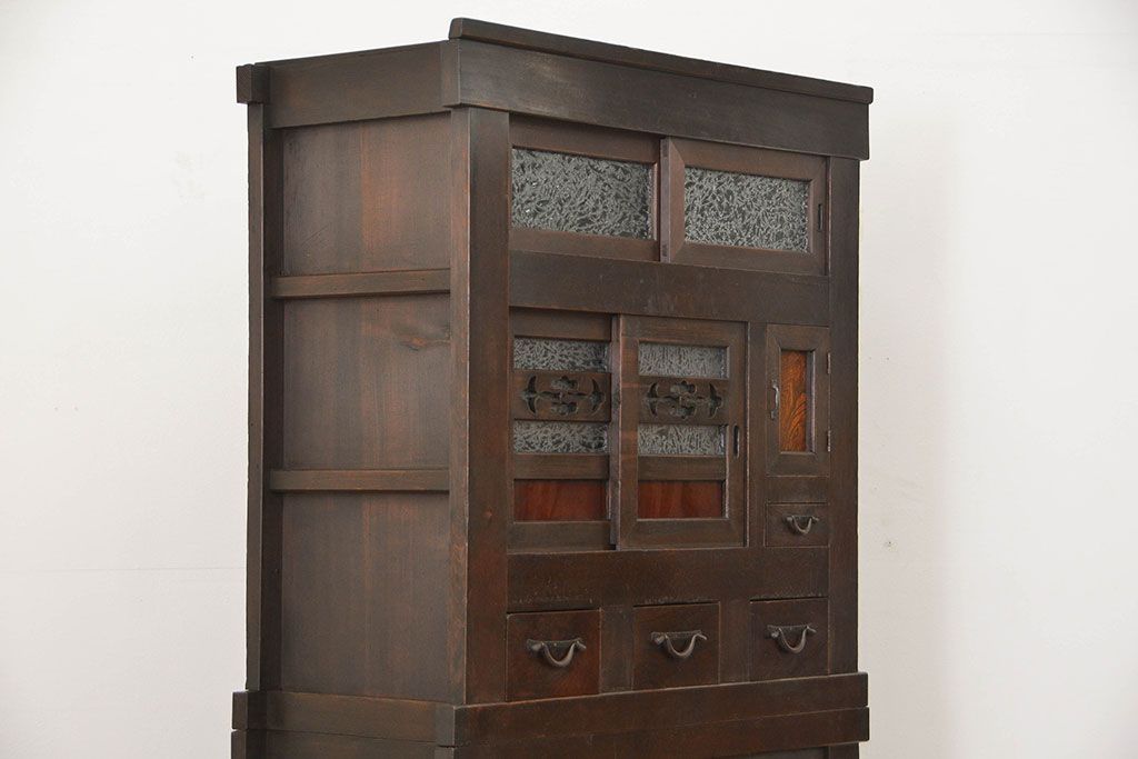 アンティーク家具　古民具・骨董 結霜ガラス入り 二段重ね 三尺水屋箪笥