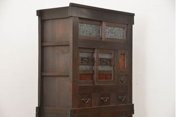 アンティーク家具　古民具・骨董 結霜ガラス入り 二段重ね 三尺水屋箪笥