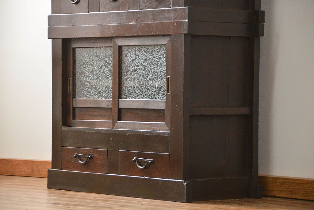 アンティーク家具　古民具・骨董 結霜ガラス入り 二段重ね 三尺水屋箪笥