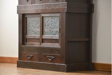 アンティーク家具　古民具・骨董 結霜ガラス入り 二段重ね 三尺水屋箪笥