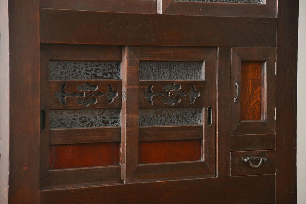 アンティーク家具　古民具・骨董 結霜ガラス入り 二段重ね 三尺水屋箪笥