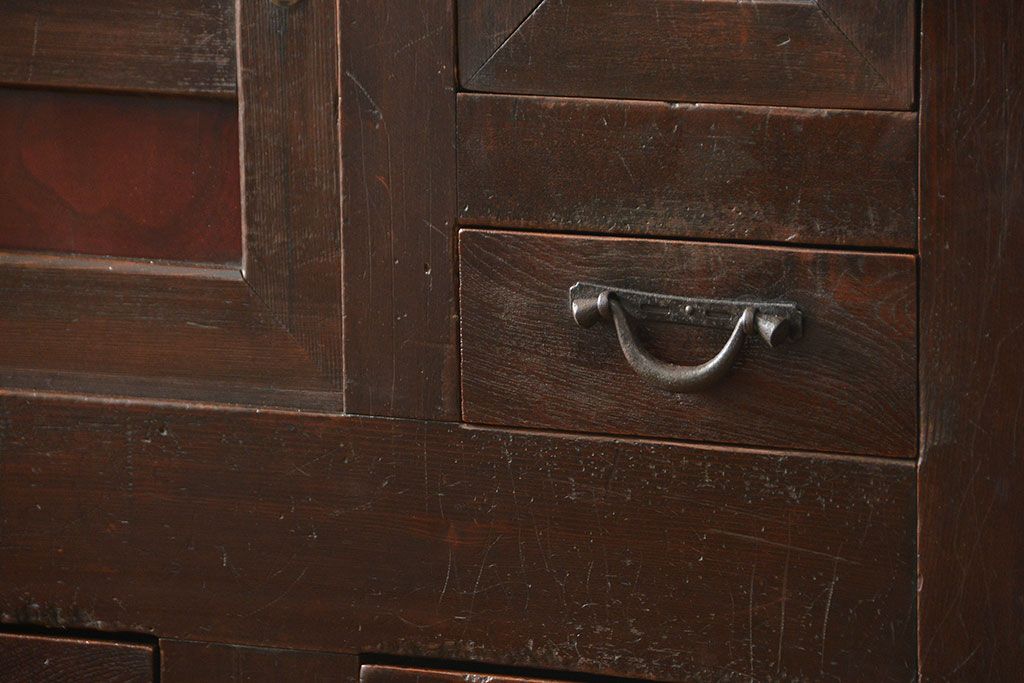 アンティーク家具　古民具・骨董 結霜ガラス入り 二段重ね 三尺水屋箪笥