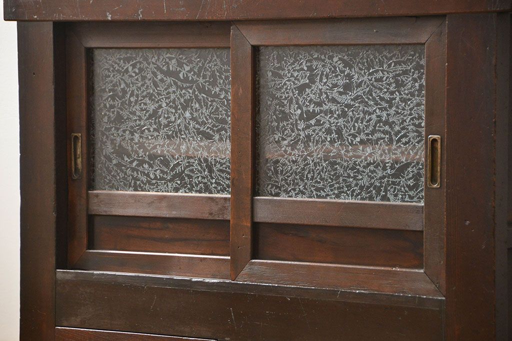 アンティーク家具　古民具・骨董 結霜ガラス入り 二段重ね 三尺水屋箪笥