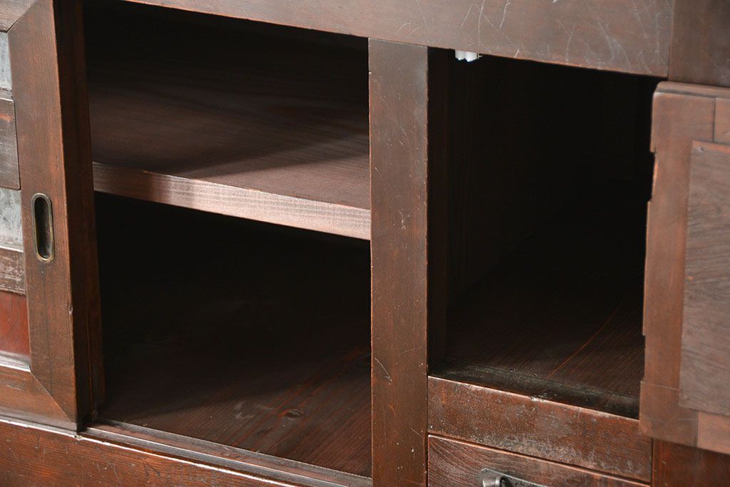 アンティーク家具　古民具・骨董 結霜ガラス入り 二段重ね 三尺水屋箪笥