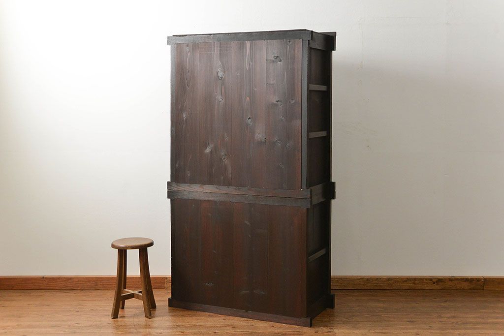 アンティーク家具　古民具・骨董 結霜ガラス入り 二段重ね 三尺水屋箪笥