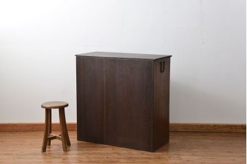 アンティーク家具　古民具・骨董 前面縞黒檀の結霜ガラス収納棚(時代箪笥、食器棚)