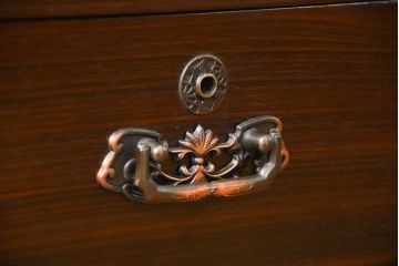 アンティーク家具　アンティーク 前面縞黒檀のダイヤガラス横長ローボード(鉄脚付き)(時代箪笥、収納棚)