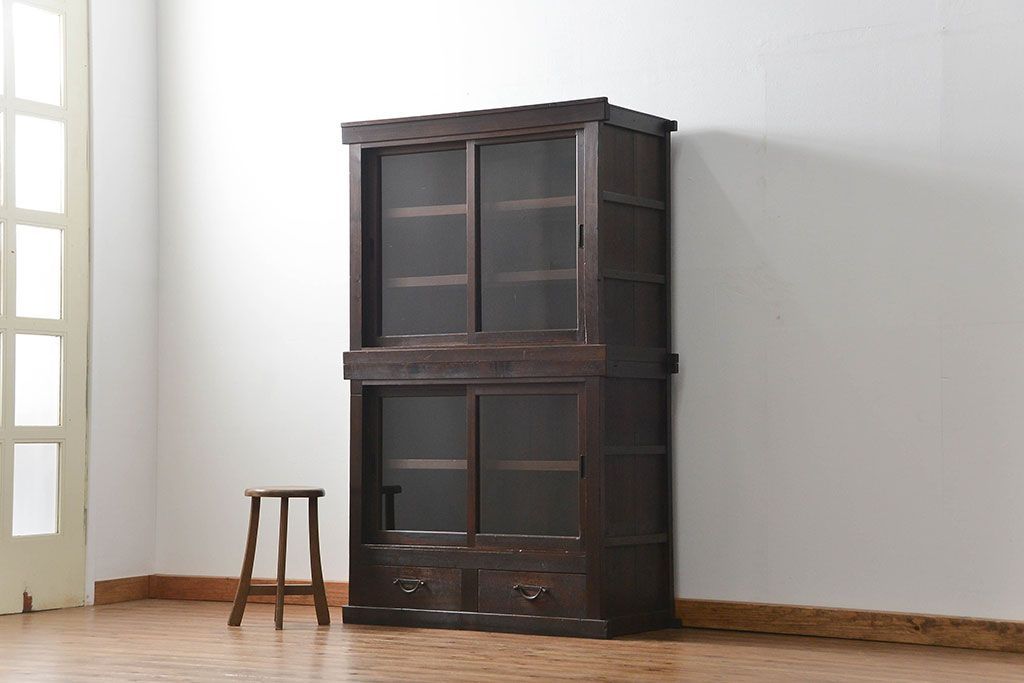 アンティーク家具　古民具・骨董 シンプルな四尺関西収納棚(水屋箪笥、ガラスケース、飾り棚)
