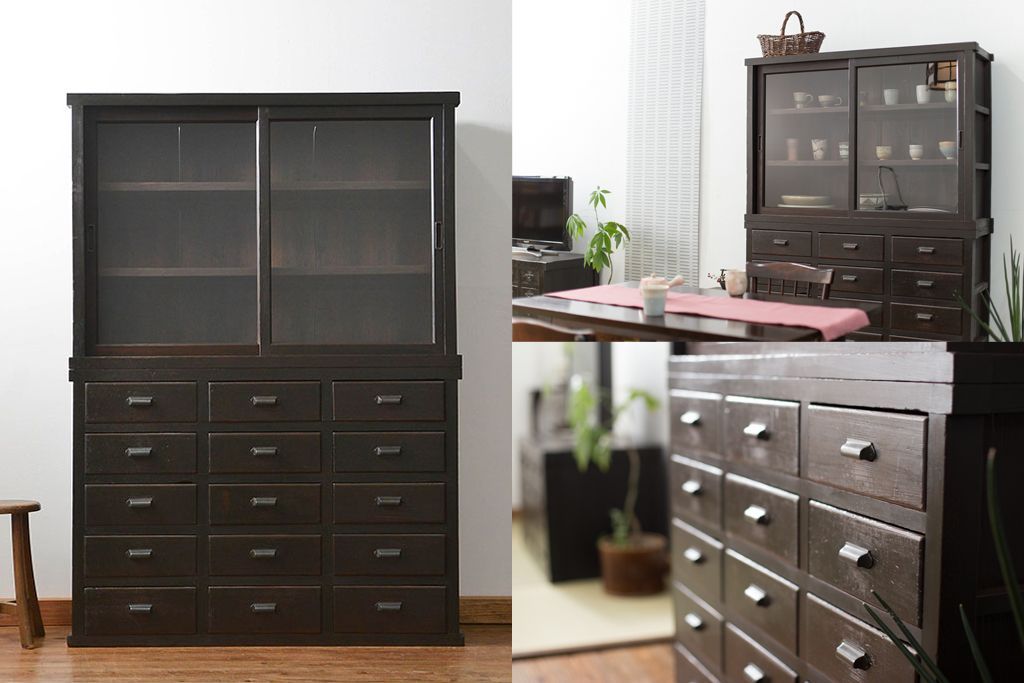 アンティーク家具　古民具・骨董　シックな15杯引き出し収納棚(ガラスケース、飾り棚、百味箪笥、薬箪笥)