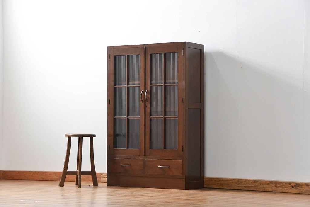 レトロ家具　昭和レトロ モールガラスの本箱(ブックケース、収納棚)