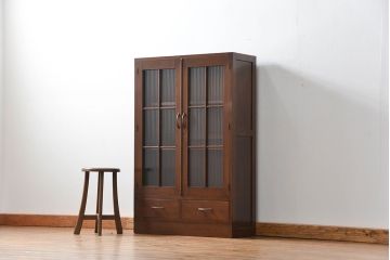 レトロ家具　昭和レトロ モールガラスの本箱(ブックケース、収納棚)